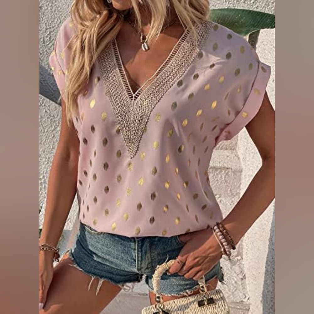 Guipure Lace, Gold Metallic Print, Soft Pink Blouse - Picture 7 of 13